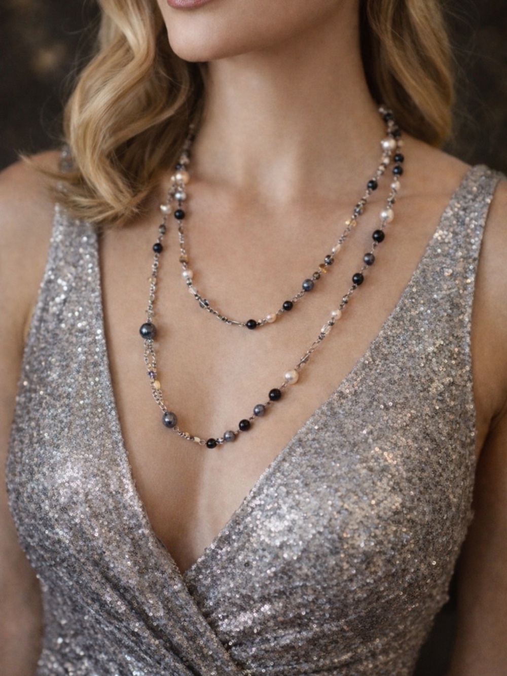 Vintage Black Blue & Cream Bead Necklace